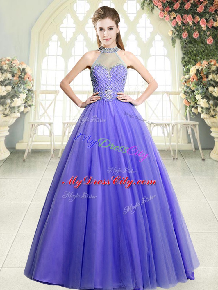 Lavender Zipper Prom Dresses Beading Sleeveless Floor Length