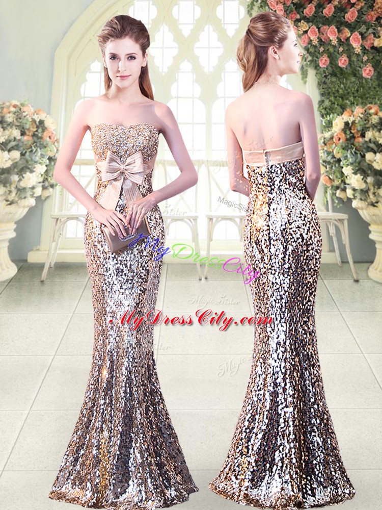 Nice Strapless Sleeveless Sequined Prom Dress Beading and Sequins and Bowknot Zipper