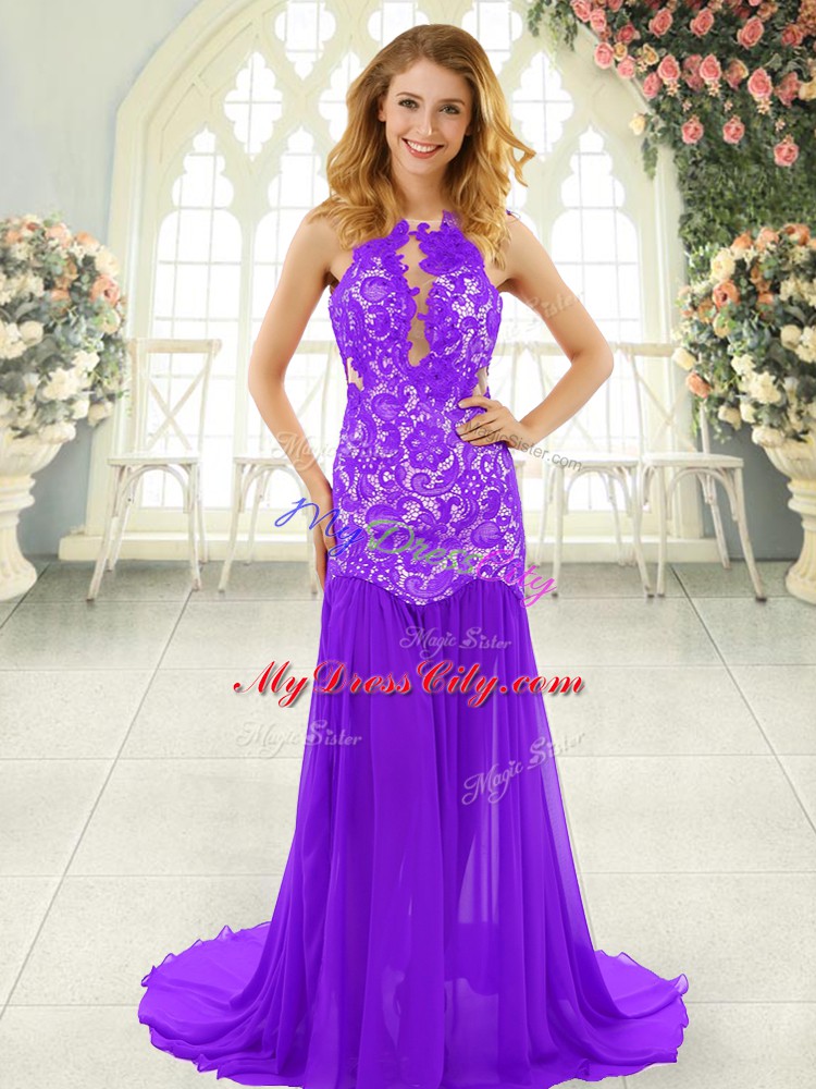 Lavender Scoop Backless Lace Homecoming Dress Brush Train Sleeveless