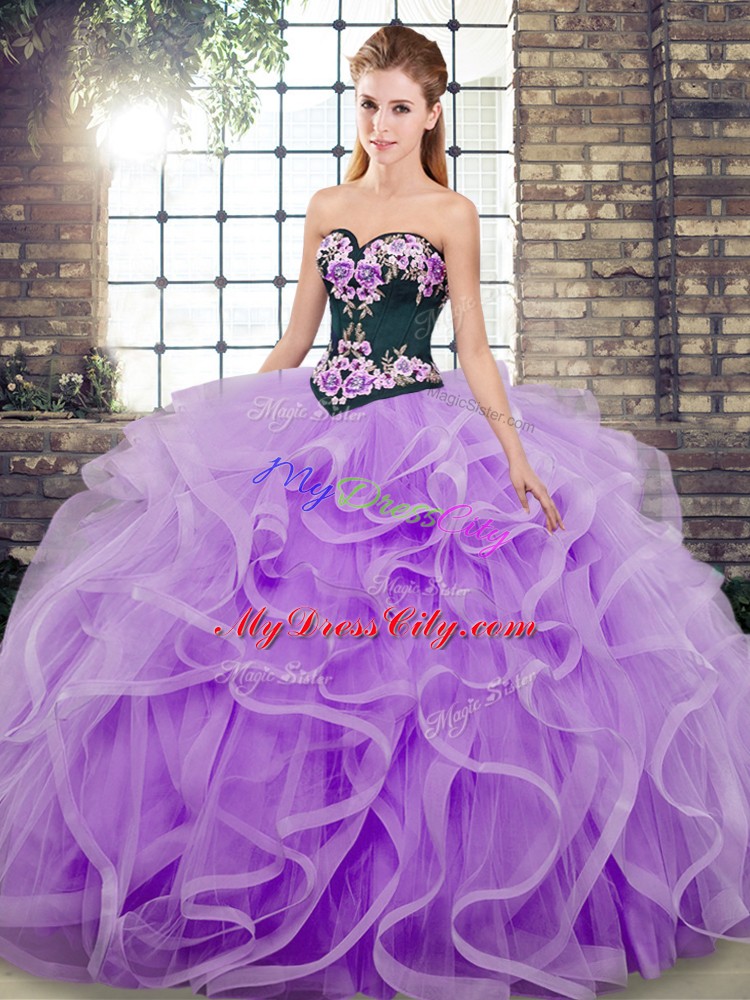 Hot Sale Sleeveless Embroidery and Ruffles Lace Up Quinceanera Gowns with Lavender Sweep Train