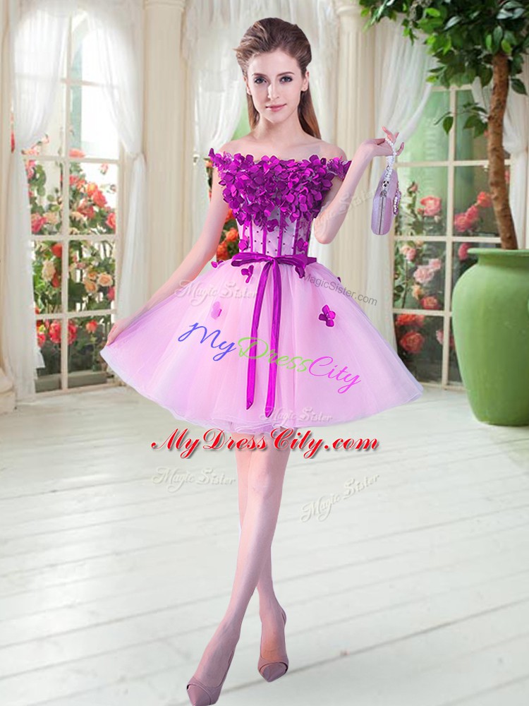 High Quality Lilac A-line Tulle Off The Shoulder Sleeveless Beading and Appliques Mini Length Lace Up Prom Dresses