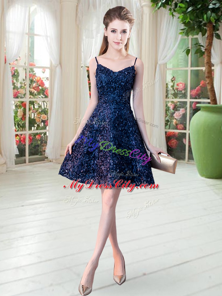 High Class Navy Blue Spaghetti Straps Zipper Lace Prom Party Dress Sleeveless