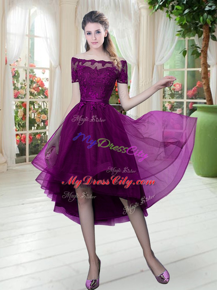 Affordable Tulle Off The Shoulder Short Sleeves Lace Up Lace Prom Party Dress in Purple