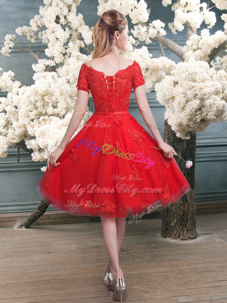 Beautiful Red Tulle Lace Up Homecoming Dress Short Sleeves Knee Length Lace