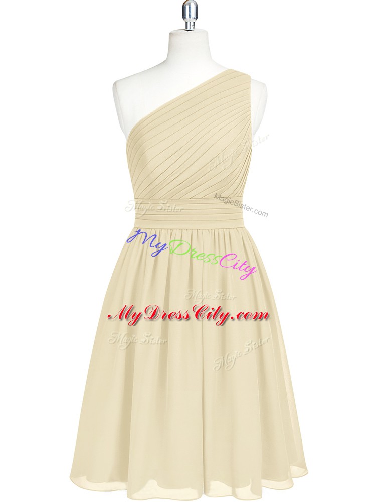 Suitable Champagne Chiffon Zipper One Shoulder Sleeveless Mini Length Prom Gown Belt