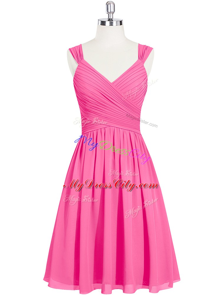 Custom Design Pink A-line Chiffon Straps Sleeveless Ruching Mini Length Zipper Evening Dress