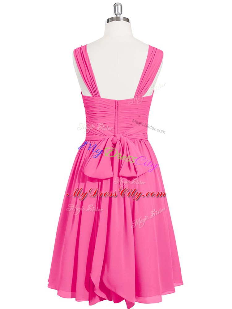 Custom Design Pink A-line Chiffon Straps Sleeveless Ruching Mini Length Zipper Evening Dress