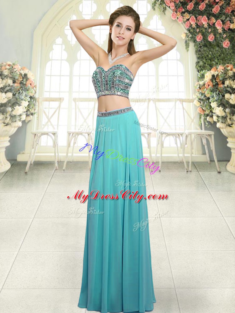 Designer Floor Length Backless Dress for Prom Aqua Blue for Prom and Party with Beading