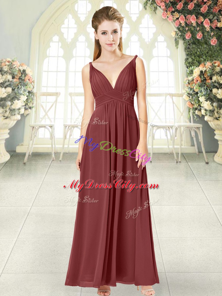 Designer Ruching Prom Party Dress Wine Red Backless Sleeveless Floor Length