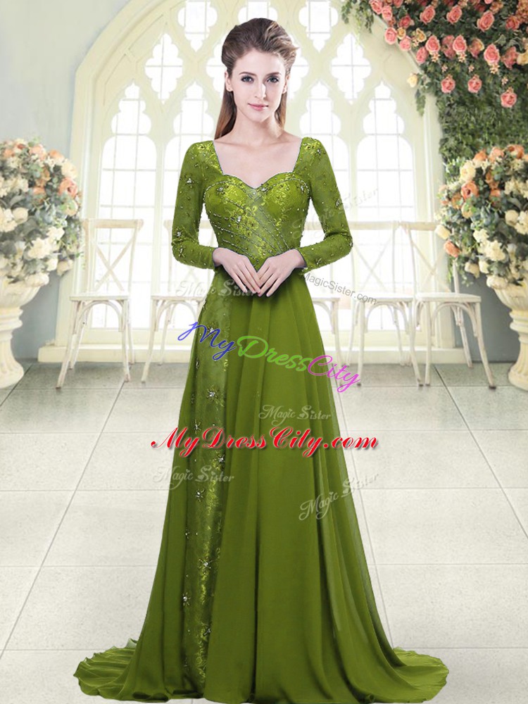 Ideal Sweetheart Long Sleeves Sweep Train Backless Prom Dress Olive Green Chiffon