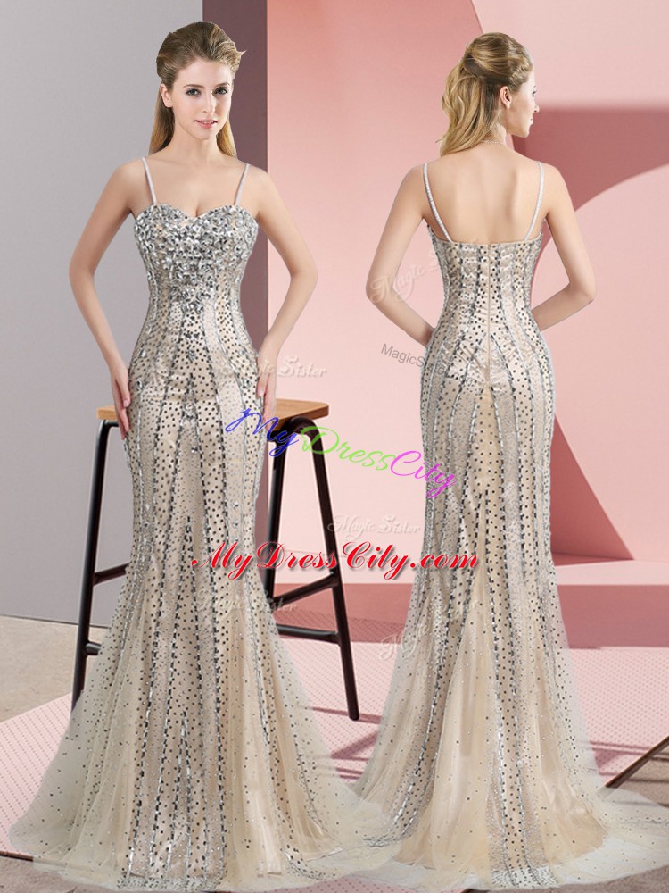 Dramatic Champagne Spaghetti Straps Neckline Beading Juniors Evening Dress Sleeveless Zipper