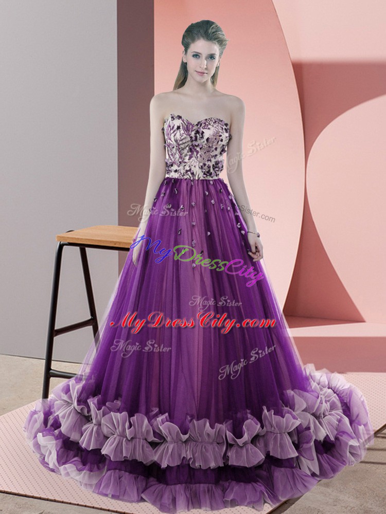 Purple A-line Tulle Sweetheart Sleeveless Appliques Lace Up Prom Dress Sweep Train