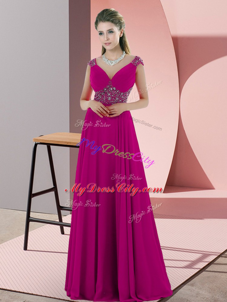 Fuchsia Empire Beading Evening Wear Backless Chiffon Sleeveless Floor Length