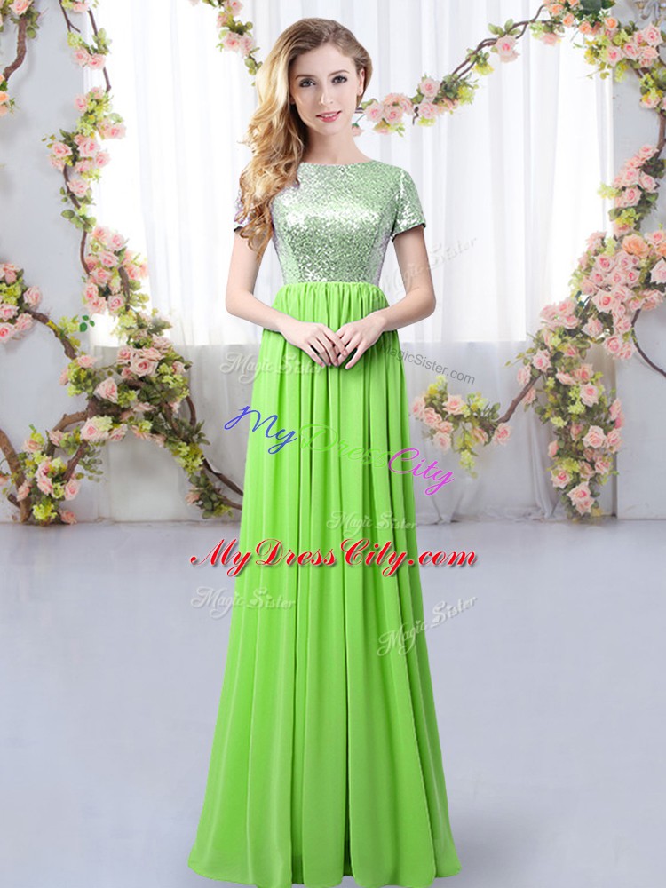 Unique Zipper Bridesmaids Dress Sequins Short Sleeves Floor Length