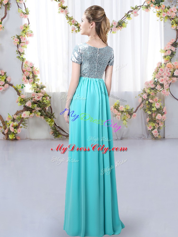 Unique Zipper Bridesmaids Dress Sequins Short Sleeves Floor Length