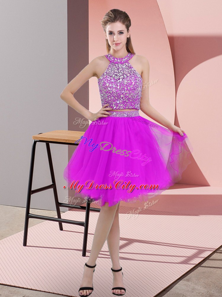 Enchanting Organza Halter Top Sleeveless Backless Beading Prom Evening Gown in Purple