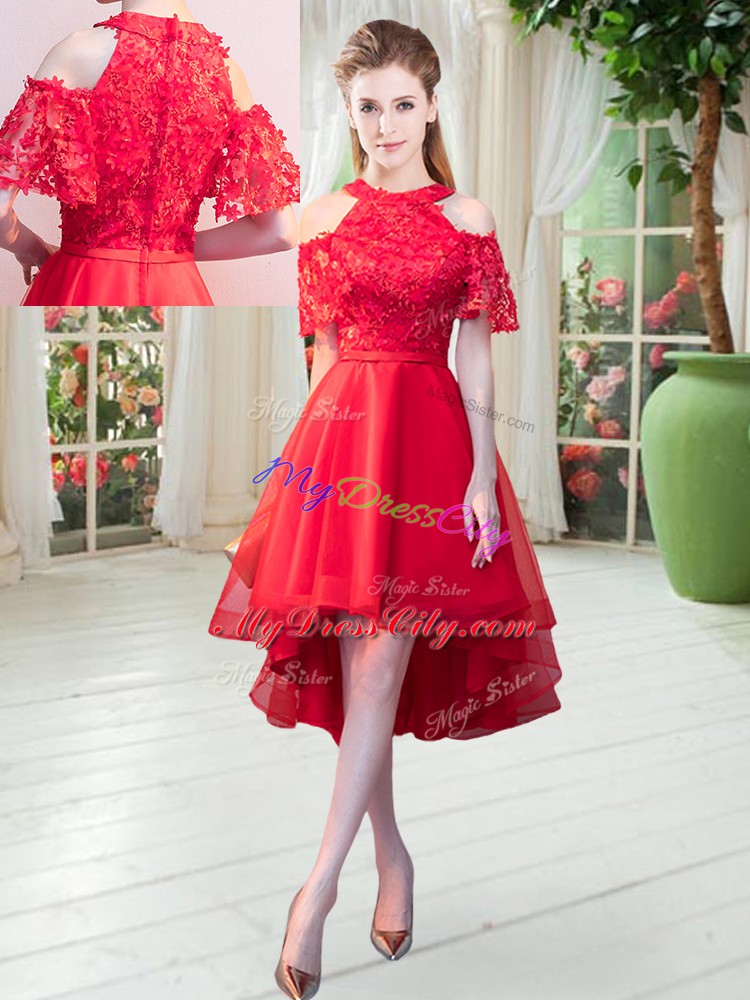 Romantic Red Short Sleeves Lace High Low Prom Gown