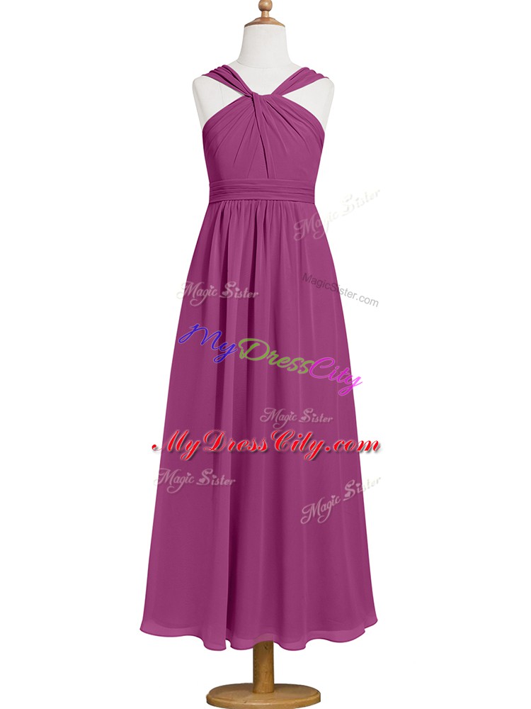 Straps Sleeveless Tea Length Ruching Fuchsia Chiffon