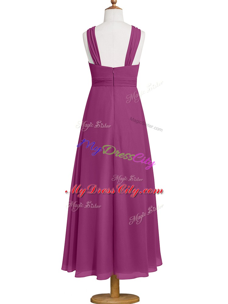 Straps Sleeveless Tea Length Ruching Fuchsia Chiffon