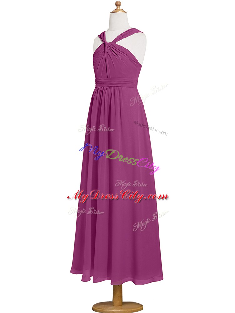 Straps Sleeveless Tea Length Ruching Fuchsia Chiffon