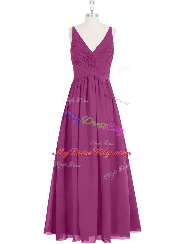 High End Fuchsia V-neck Zipper Ruching Prom Party Dress Sleeveless