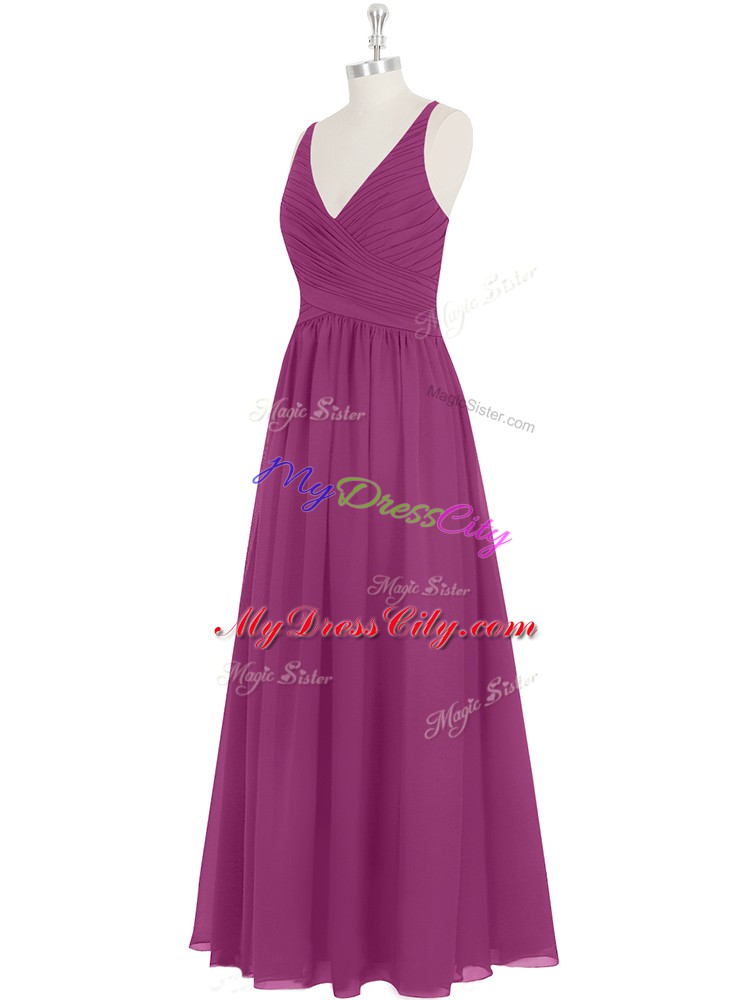 High End Fuchsia V-neck Zipper Ruching Prom Party Dress Sleeveless