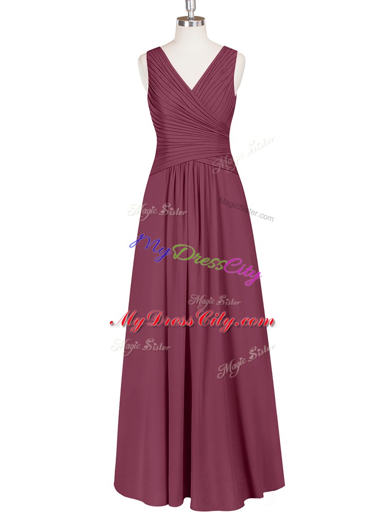 Ruching Dress for Prom Burgundy Zipper Sleeveless Floor Length