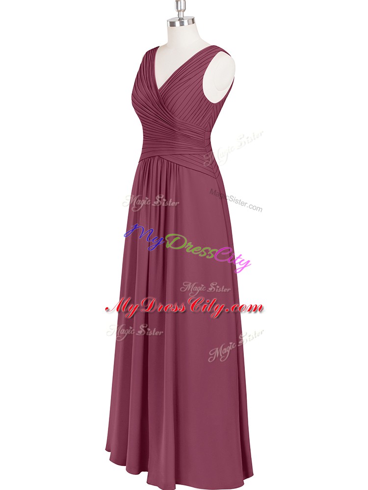 Ruching Dress for Prom Burgundy Zipper Sleeveless Floor Length