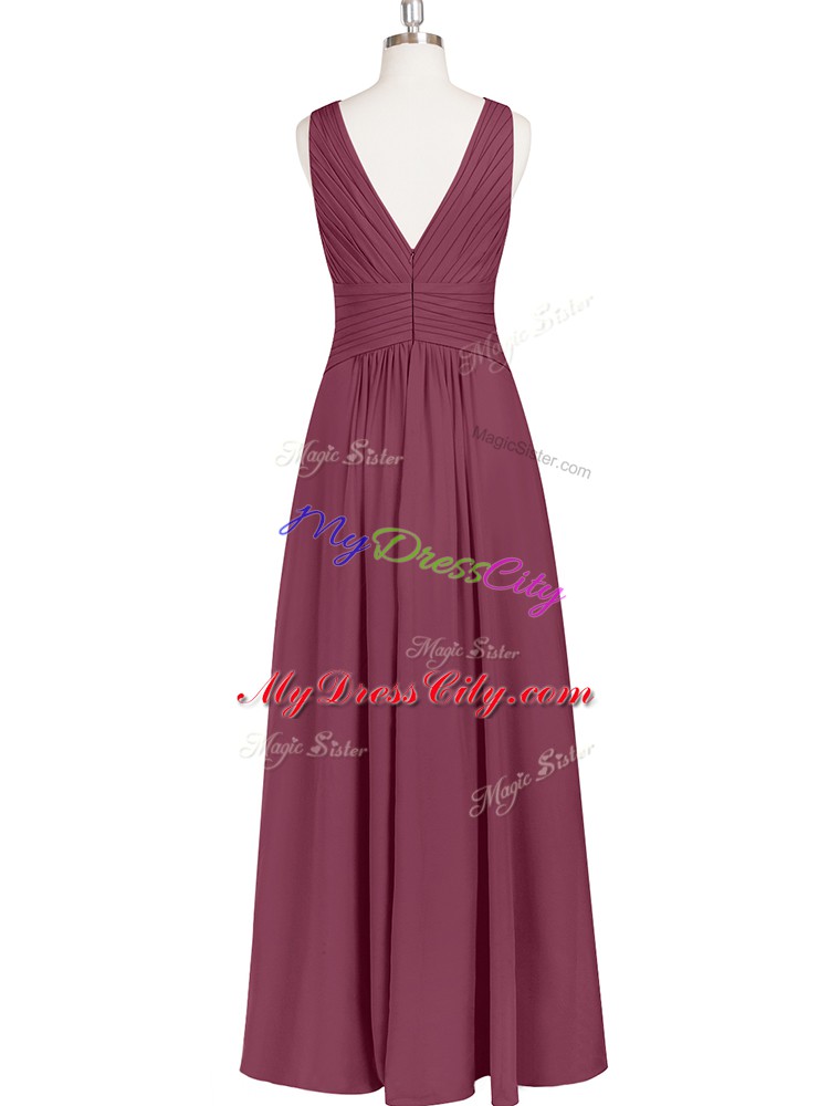 Ruching Dress for Prom Burgundy Zipper Sleeveless Floor Length