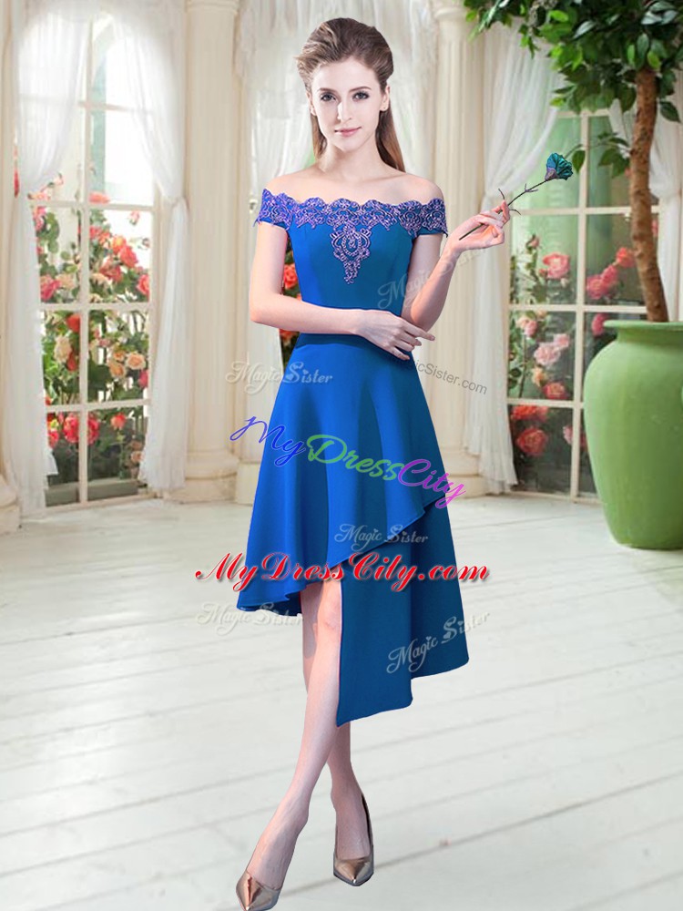 Flare Off The Shoulder Sleeveless Prom Evening Gown Asymmetrical Appliques Royal Blue Satin