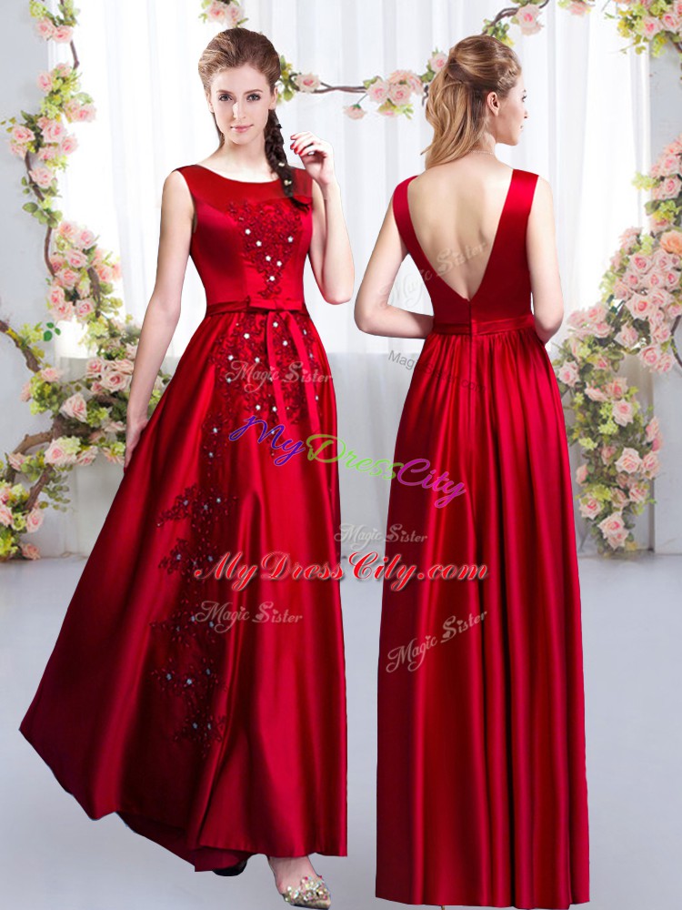 Elegant Floor Length Red Wedding Guest Dresses Satin Sleeveless Beading and Appliques