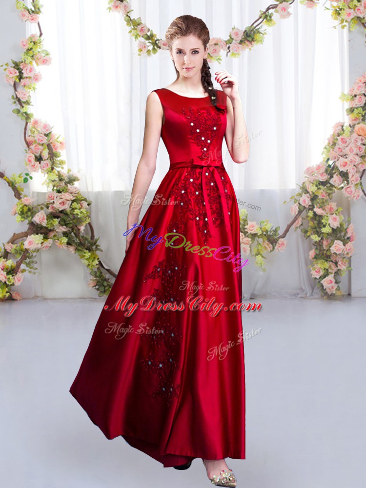 Elegant Floor Length Red Wedding Guest Dresses Satin Sleeveless Beading and Appliques