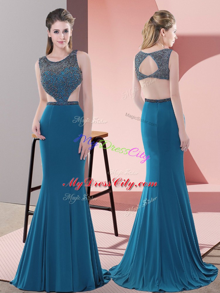 Dazzling Blue Prom and Party and Military Ball with Beading Scoop Sleeveless Sweep Train Backless