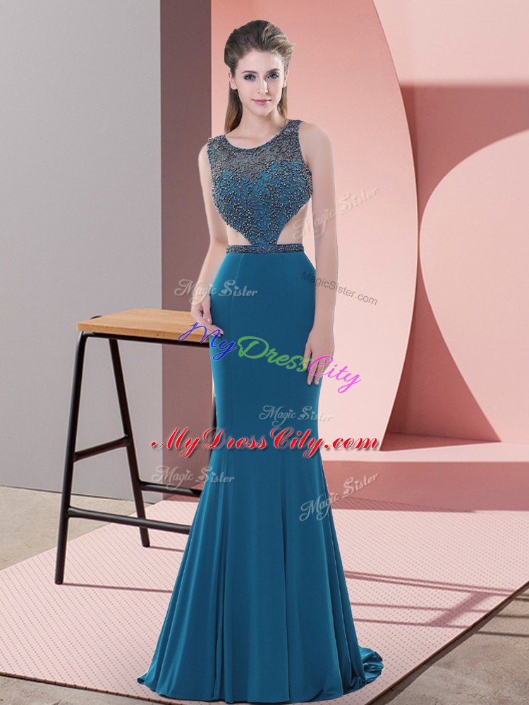 Dazzling Blue Prom and Party and Military Ball with Beading Scoop Sleeveless Sweep Train Backless