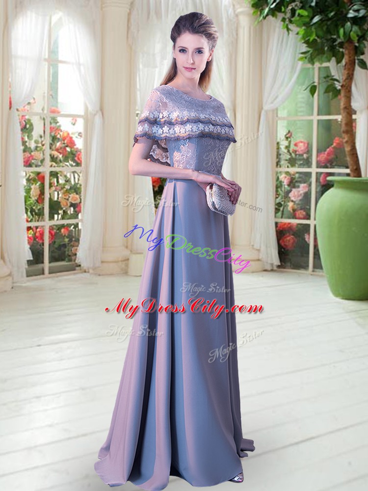 Floor Length A-line Short Sleeves Grey Prom Evening Gown Lace Up