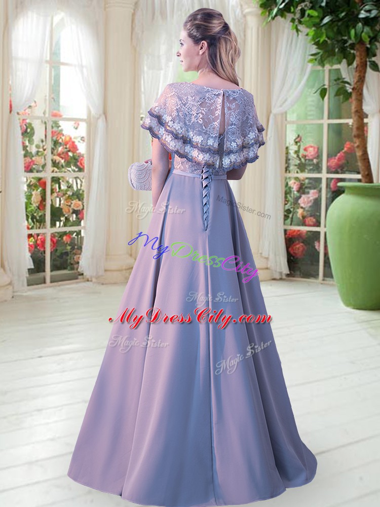 Floor Length A-line Short Sleeves Grey Prom Evening Gown Lace Up