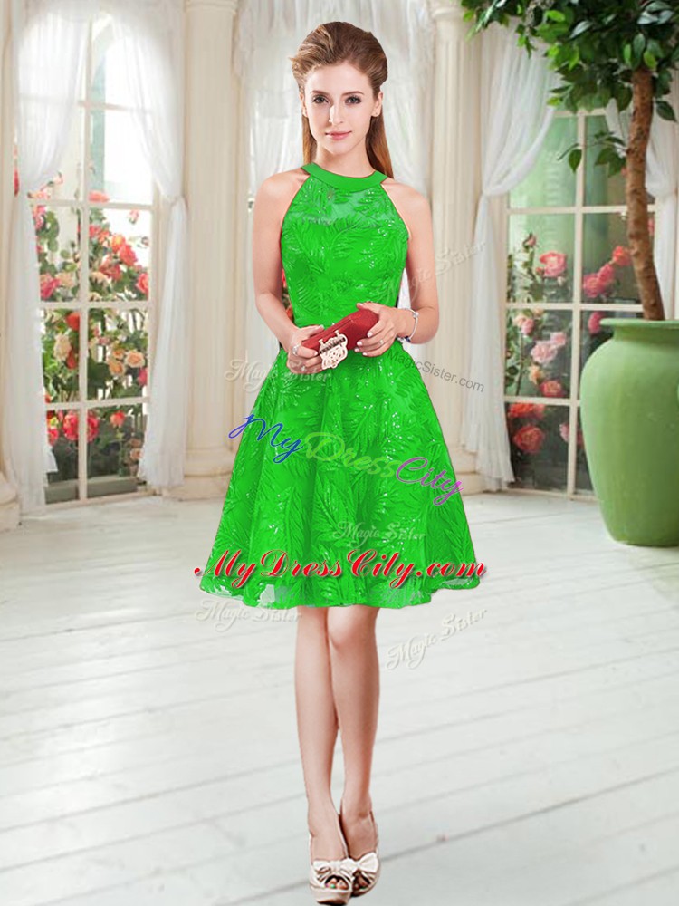 Green A-line Lace Prom Party Dress Zipper Sleeveless Knee Length