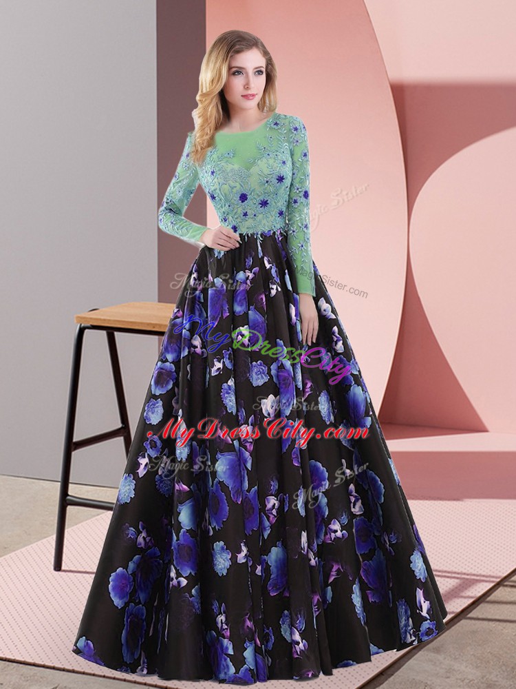 Hot Selling Sweep Train A-line Prom Party Dress Multi-color Scoop Printed Long Sleeves Lace Up