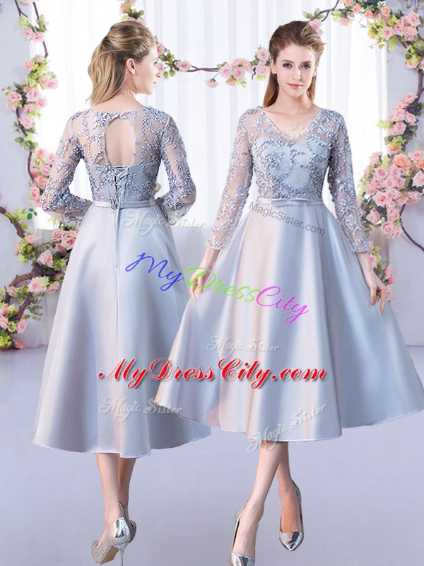 Trendy Tea Length Silver Quinceanera Court of Honor Dress V-neck 3 4 Length Sleeve Lace Up