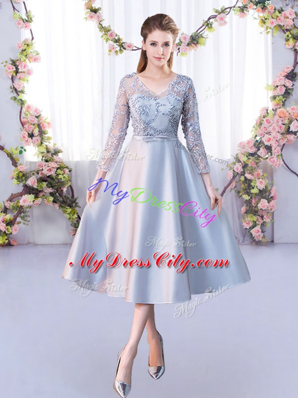 Trendy Tea Length Silver Quinceanera Court of Honor Dress V-neck 3 4 Length Sleeve Lace Up