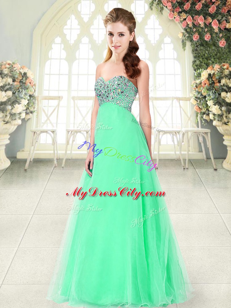 Latest Apple Green A-line Tulle Sweetheart Sleeveless Beading Floor Length Lace Up Evening Dress