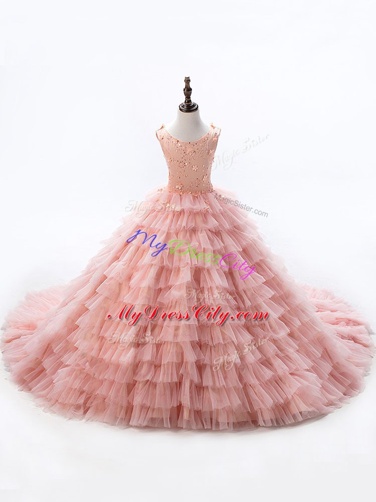 Latest Pink Ball Gowns Scoop Sleeveless Court Train Lace Up Beading and Ruffled Layers Winning Pageant Gowns