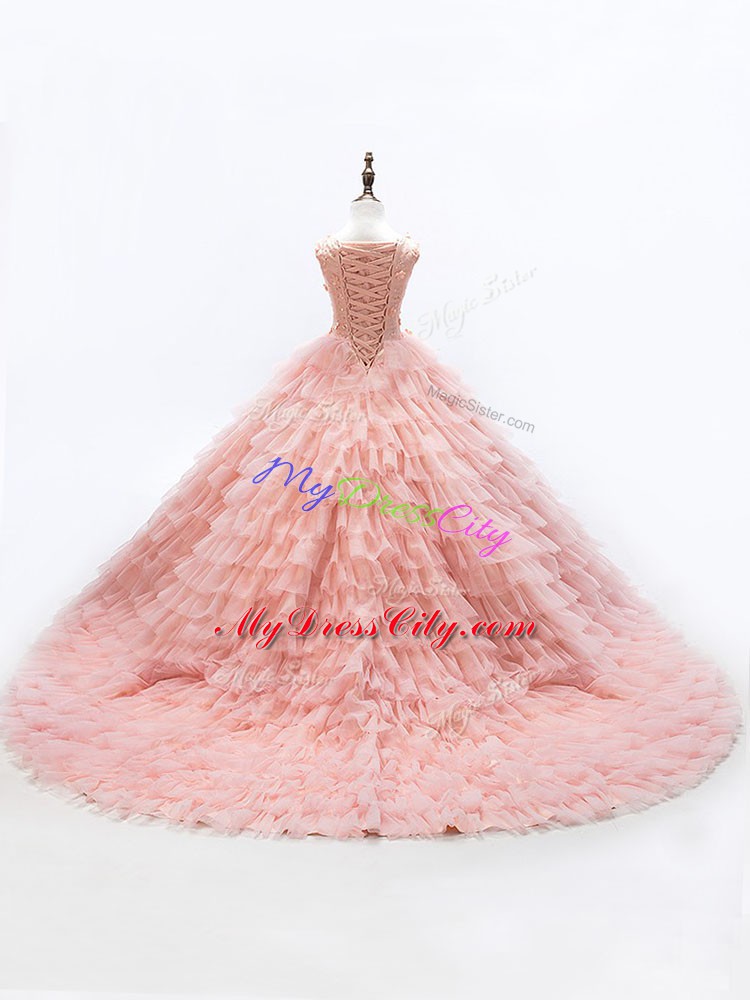 Latest Pink Ball Gowns Scoop Sleeveless Court Train Lace Up Beading and Ruffled Layers Winning Pageant Gowns