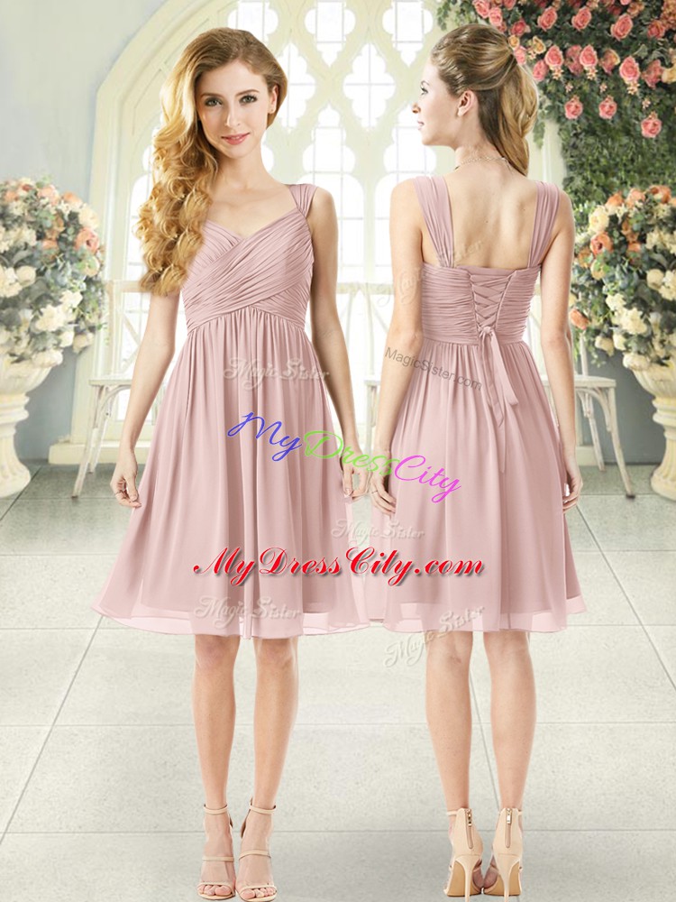 Unique Pink Straps Neckline Ruching Homecoming Dress Sleeveless Lace Up