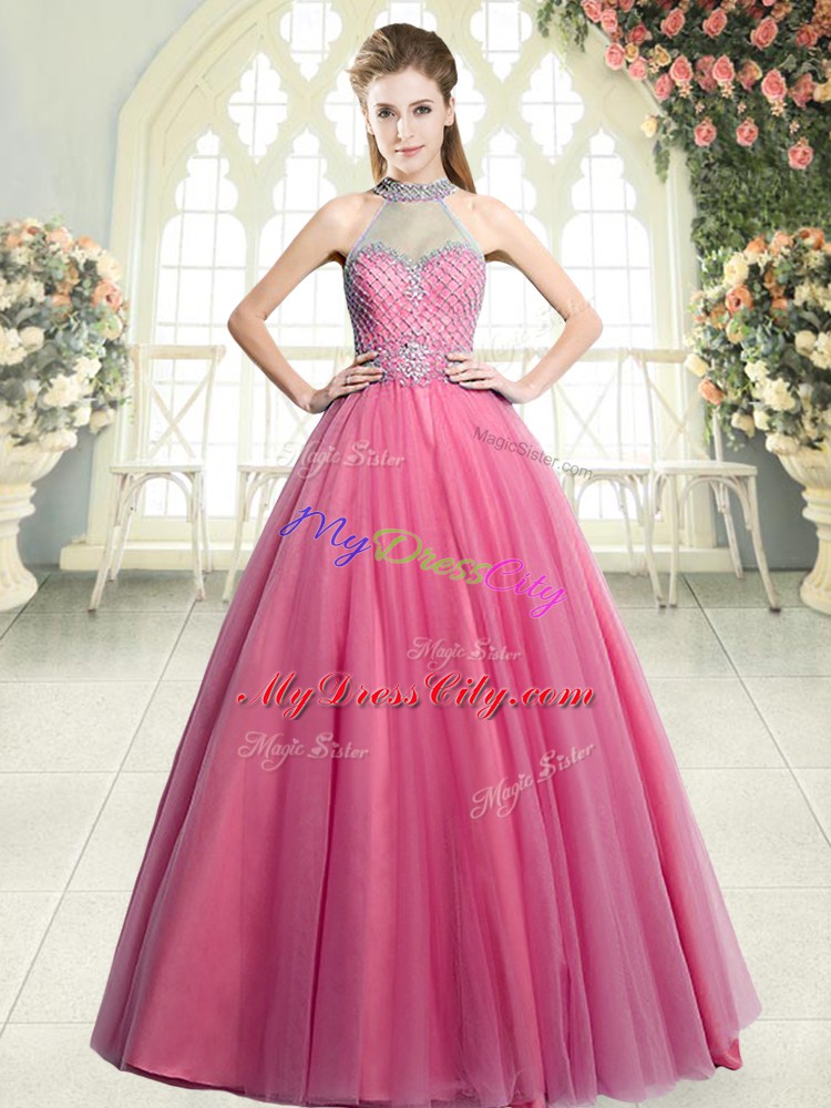 Pink Sleeveless Beading Floor Length Prom Party Dress