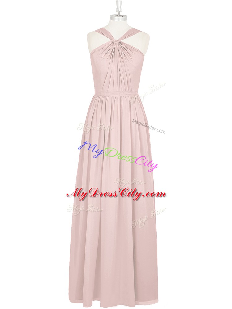 Sleeveless Chiffon Floor Length Zipper Prom Gown in Pink with Pleated