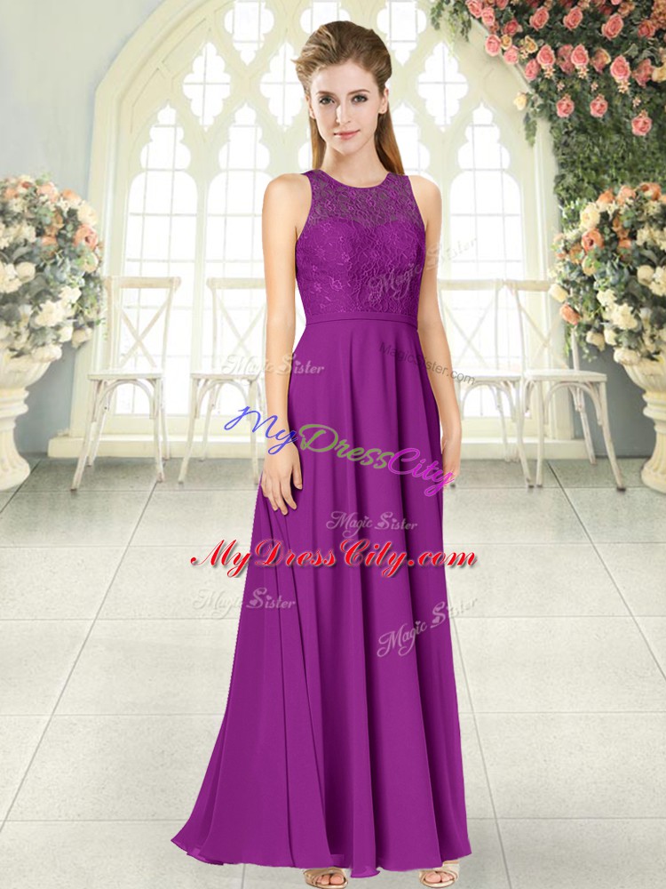 Purple Empire Chiffon Scoop Sleeveless Lace Floor Length Backless Evening Dress