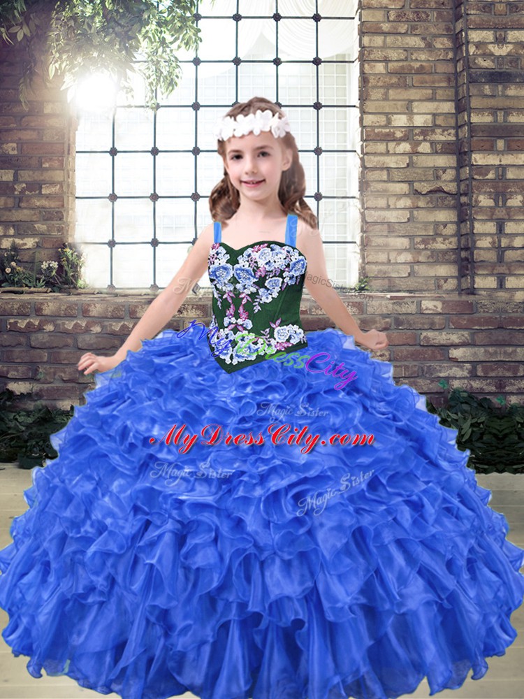 Straps Sleeveless Organza Pageant Dress Womens Embroidery and Ruffles Lace Up