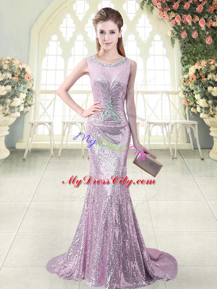 Lilac Zipper Prom Gown Beading and Sequins Sleeveless Brush Train