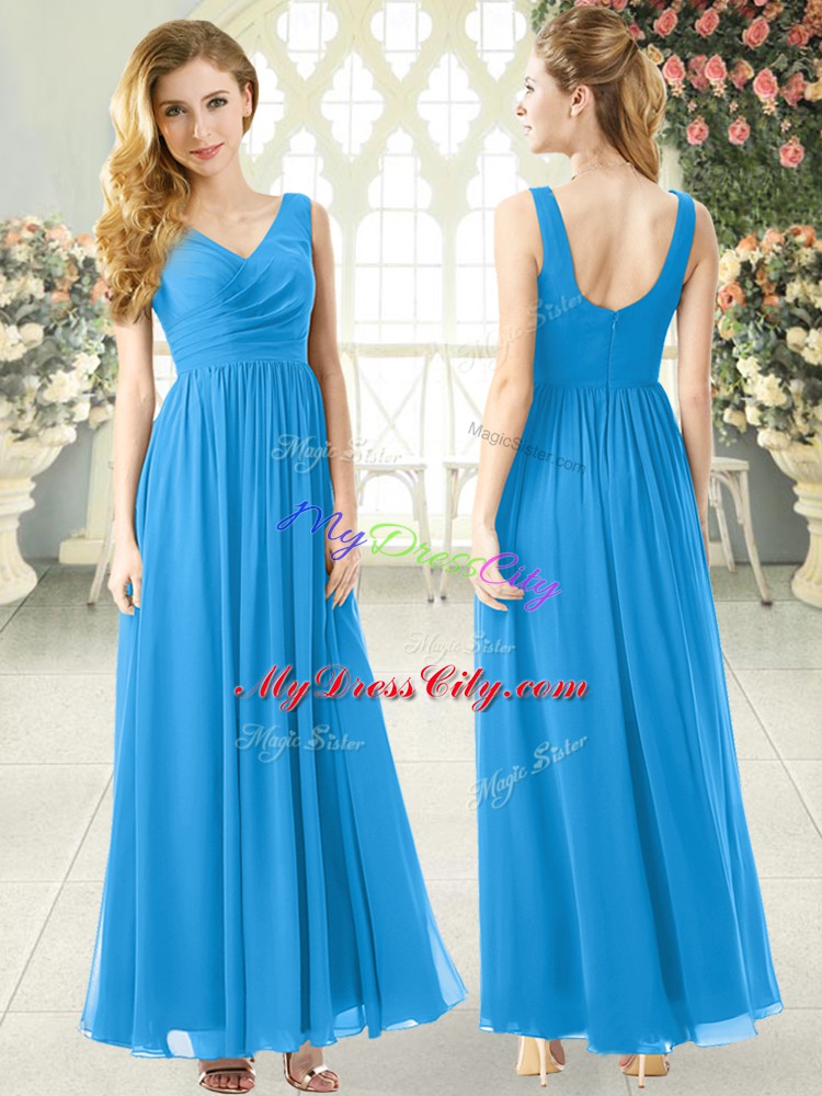 Blue Zipper V-neck Ruching Evening Wear Chiffon Sleeveless